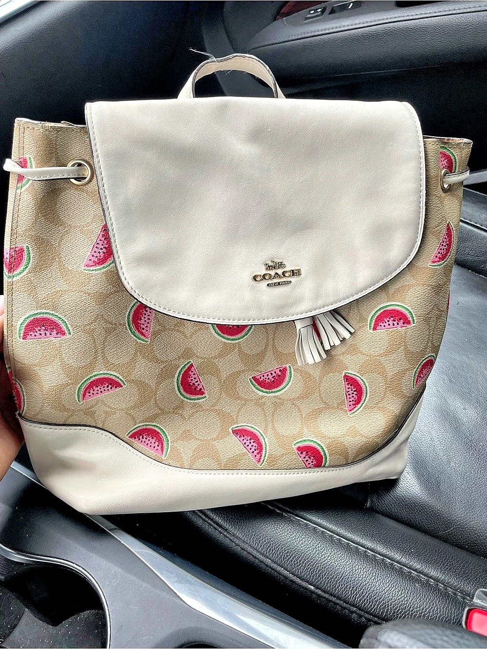 Coach Elle Backpack In Signature Canvas With Watermelon Print Beige & Pink